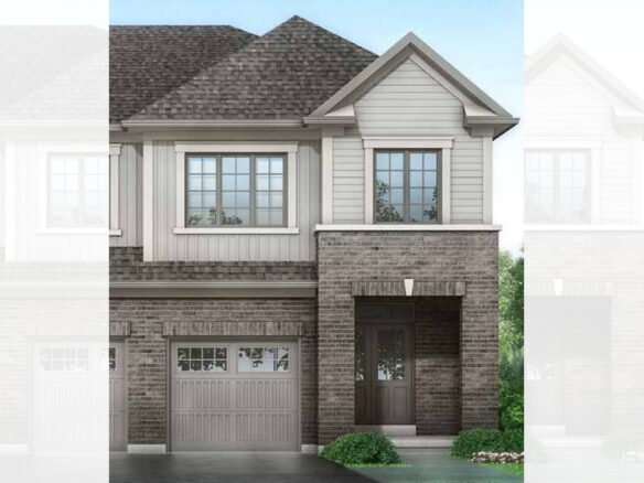A two-story suburban house with a dark brick and gray siding exterior, featuring a double garage and a large front door with a transom window above.