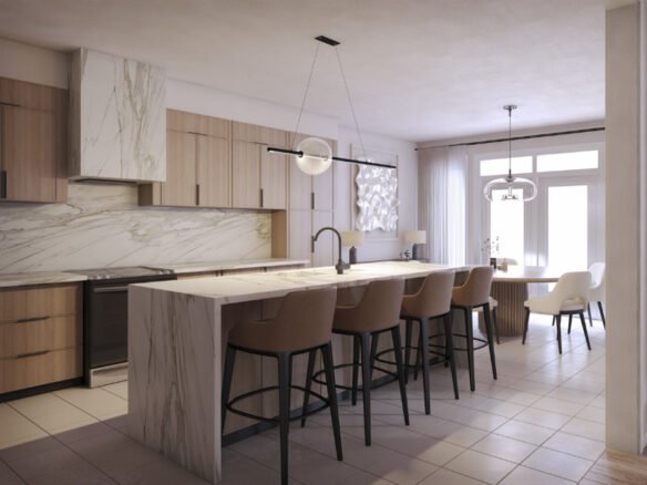 Modern kitchen with marble countertops, wooden cabinets, and a breakfast bar with stools. Pendant lights hang above, and there is an adjacent dining area. This feature is typical in New Homes in GTA.