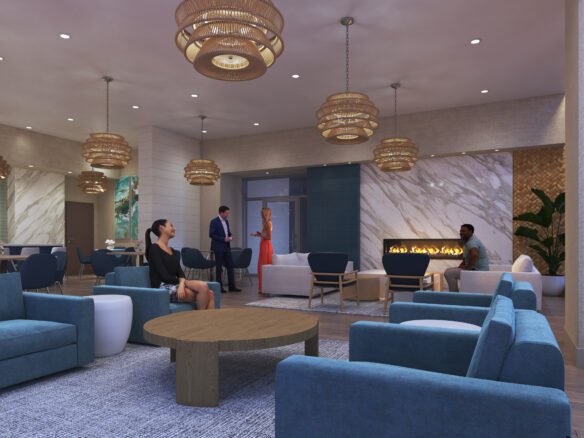 A modern lounge area with people socializing in new homes. The room has contemporary decor, featuring blue armchairs, round wooden tables, and pendant lights. A fireplace with a glowing orange flame is set into a marble wall. Art pieces adorn the walls, complementing the stylish setting.