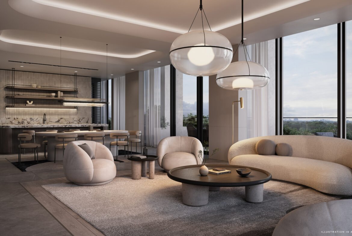 Located in the Arcadia District, this modern condo features a living room and kitchen with floor-to-ceiling windows. The space includes a curved sofa, two round chairs, and a circular coffee table. Pendant lights hang from the ceiling above the kitchen island with stools. Neutral tones dominate the decor.