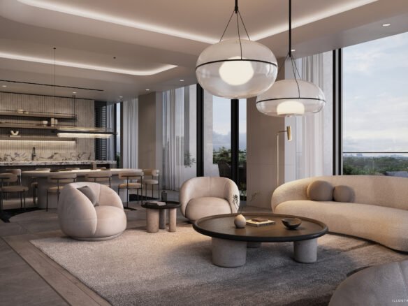 Located in the Arcadia District, this modern condo features a living room and kitchen with floor-to-ceiling windows. The space includes a curved sofa, two round chairs, and a circular coffee table. Pendant lights hang from the ceiling above the kitchen island with stools. Neutral tones dominate the decor.