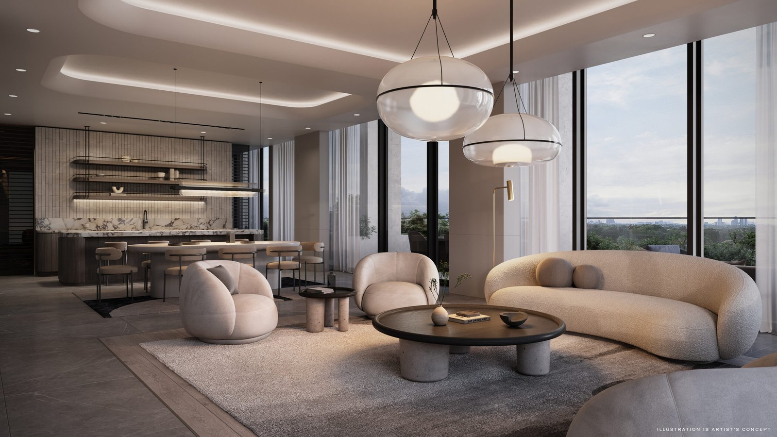 Located in the Arcadia District, this modern condo features a living room and kitchen with floor-to-ceiling windows. The space includes a curved sofa, two round chairs, and a circular coffee table. Pendant lights hang from the ceiling above the kitchen island with stools. Neutral tones dominate the decor.