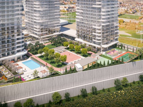 Aerial view of a modern residential complex with tall buildings surrounding a recreational area. The courtyard features a swimming pool, basketball court, tennis court, lush greenery, and various seating areas. Nearby new condos in GTA offer open fields and additional buildings.