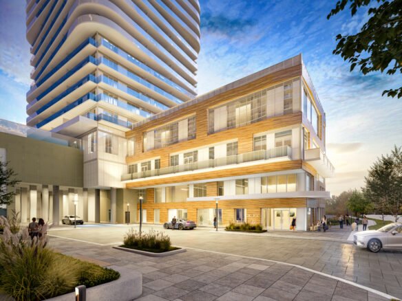 An elegant, modern building complex with a sleek white tower featuring curved balconies and a shorter, brick-patterned adjacent building. The foreground showcases a clean, spacious plaza with landscaped greenery and some people and cars scattered about—an enticing option for new condos in GTA.
