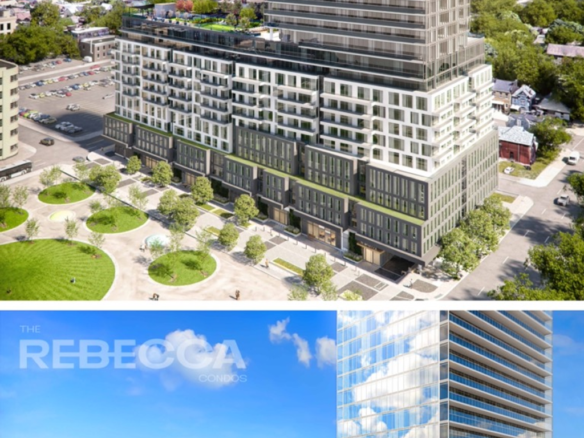 Two promotional images for "the rebecca", a modern high-rise building featuring new condos. The top image shows the building in a daytime cityscape, while the bottom focuses on the rooftop gardens with a
