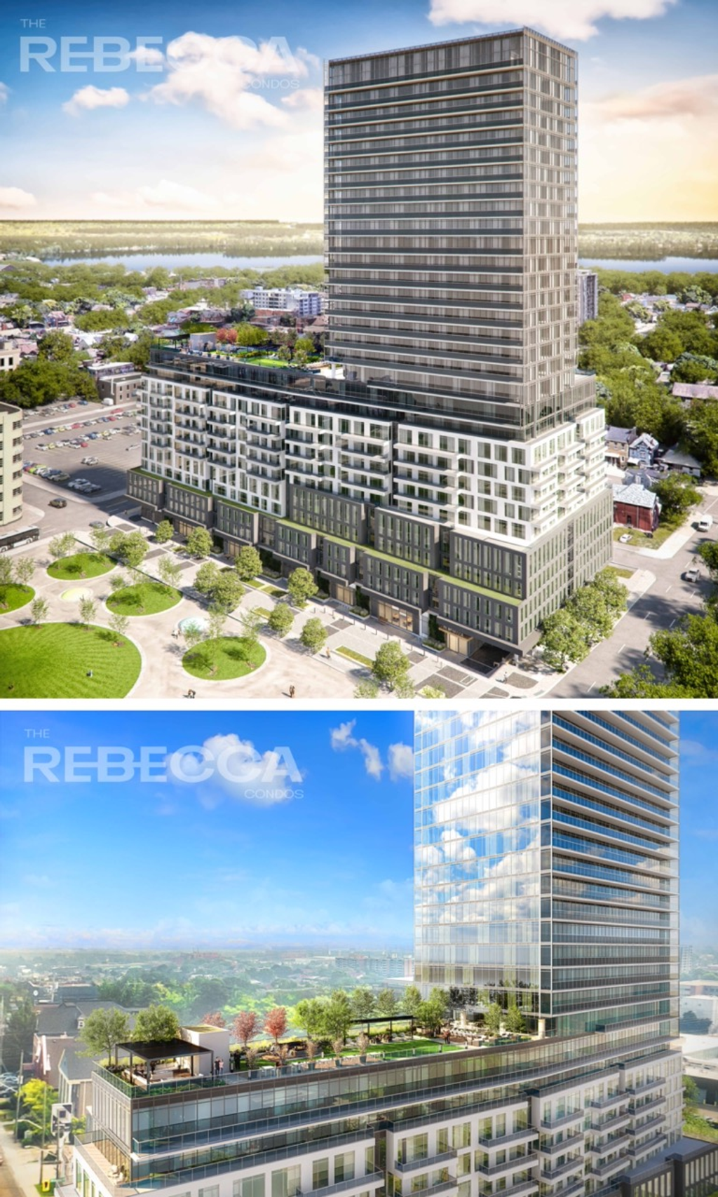 Two promotional images for "the rebecca", a modern high-rise building featuring new condos. The top image shows the building in a daytime cityscape, while the bottom focuses on the rooftop gardens with a