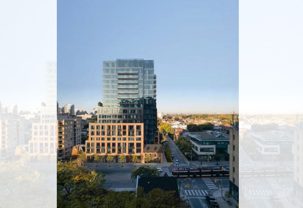 A modern high-rise building stands tall in an urban setting. The lower portion features a brick facade, transitioning to glass on the upper floors. The cityscape and streets below include nearby buildings, greenery, and intersecting roads with vehicles and pedestrians—perfect for new condos in GTA.