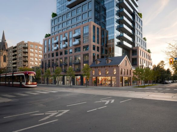 A street corner showcases a modern multi-story building with glass and brick, complemented by an old-style brick house hosting a café. A red tram passes to the left, while trees line the sidewalk in this vibrant urban scene. Nearby, new condos in Brampton catch the eye among classic architecture.