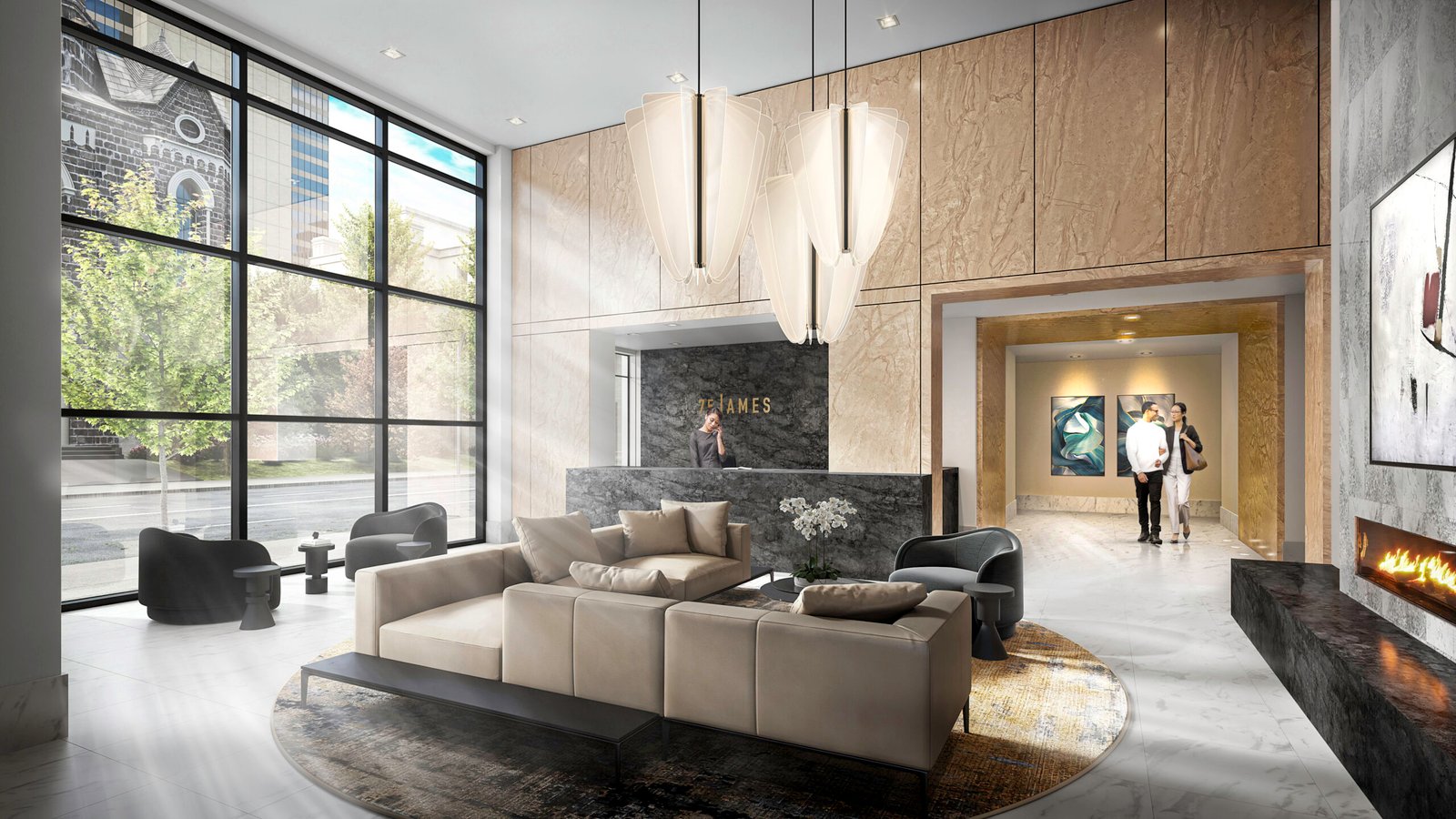 A modern, spacious lobby with large windows allowing natural light to flood in. The area, reflective of the stylish interiors found in new condos in GTA, includes beige sofas arranged around a coffee table, elegant lighting fixtures, and a chic reception desk in the background. Two people walk toward an elevator area. A modern, spacious lobby with large windows allowing natural light to flood in. The area, reflective of the stylish interiors found in new condos in GTA, includes beige sofas arranged around a coffee table, elegant lighting fixtures, and a chic reception desk in the background. Two people walk toward an elevator area.
