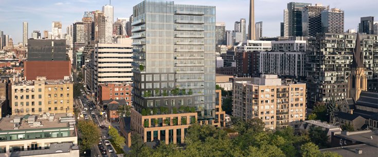 A view of a modern cityscape featuring various high-rise buildings. The central focus is on a tall glass building with balconies, surrounded by shorter office and residential structures. The streets below are lined with trees, adding greenery to the urban environment—an appealing sight for those seeking new condos in GTA.