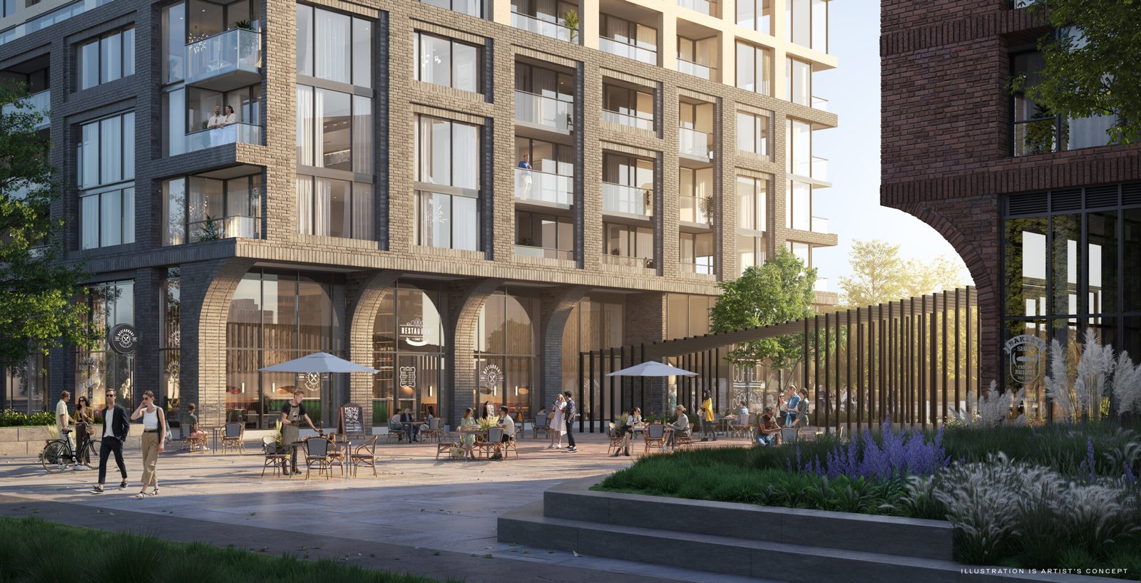 A vibrant street scene at the base of a modern apartment building featuring outdoor café seating, pedestrians, dogs, and lush greenery on a sunny day with new condos.
