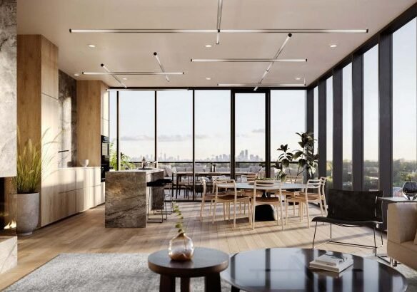 Modern spacious living room in New condos with large windows, city skyline view, stylish furniture, and a fireplace. Bright, open design with natural light and contemporary décor.