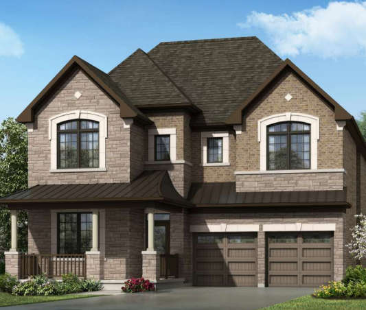 This two-story house with a brick facade and dark shingle roof is one of the stunning new homes in GTA. It features large windows, a two-car garage with wooden doors, and a covered front porch supported by columns. Surrounded by a small garden with shrubs and flowers, it sits under a clear blue sky.