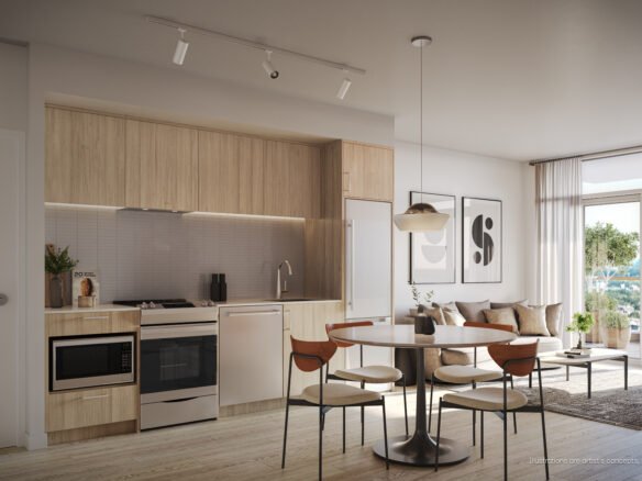 Modern open-plan kitchen and living room with sleek wooden cabinets, white countertops, and a cozy living space with a gray sofa and large window highlight features typical of new condos in GTA.
