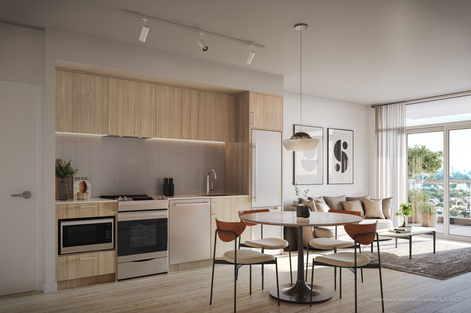 Modern open-plan kitchen and living room with sleek wooden cabinets, white countertops, and a cozy living space with a gray sofa and large window highlight features typical of new condos in GTA.