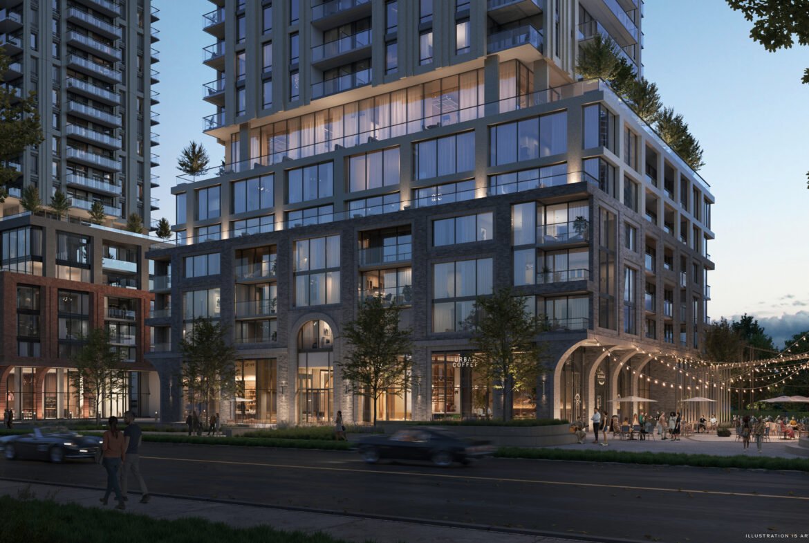 Modern urban streetscape at dusk featuring a contemporary high-rise building, Sg Homes, with an illuminated archway entrance and outdoor seating area, bustling with activity as cars pass by.