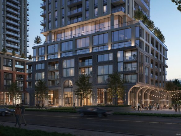 Modern urban streetscape at dusk featuring a contemporary high-rise building, Sg Homes, with an illuminated archway entrance and outdoor seating area, bustling with activity as cars pass by.