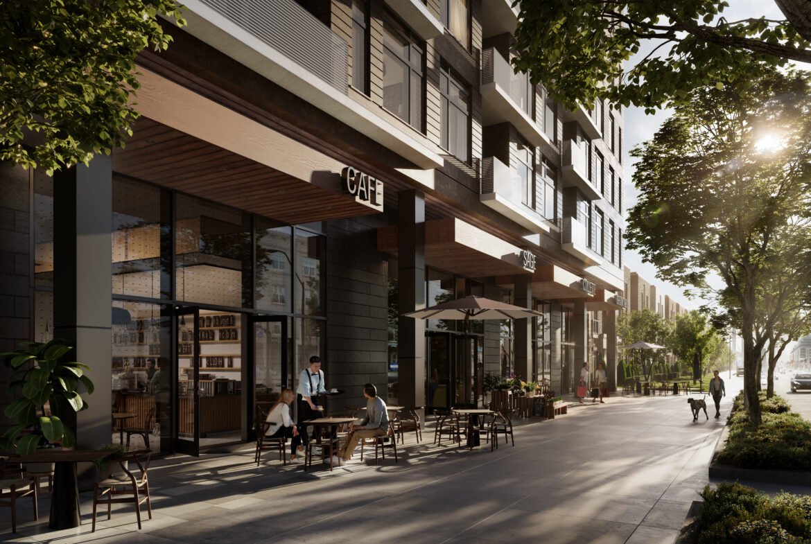 A bustling street view featuring a modern cafe on the ground floor of a contemporary apartment building with new condos, where people are dining outside under the shade of trees, enjoying a sunny day.