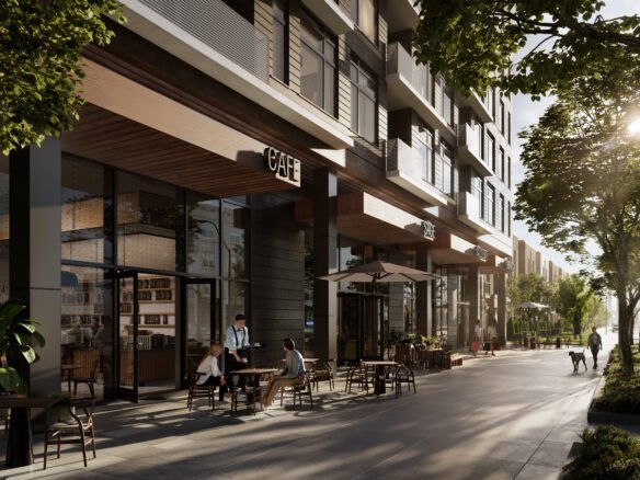 A bustling street view featuring a modern cafe on the ground floor of a contemporary apartment building with new condos, where people are dining outside under the shade of trees, enjoying a sunny day.