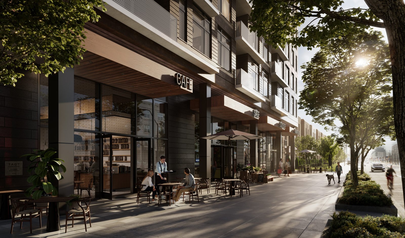 A bustling street view featuring a modern cafe on the ground floor of a contemporary apartment building with new condos, where people are dining outside under the shade of trees, enjoying a sunny day.