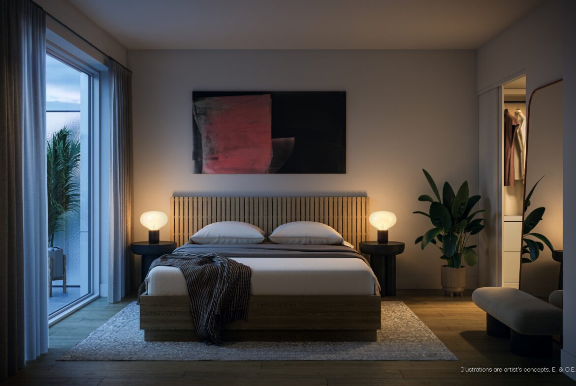A modern bedroom at night in new condos featuring a large bed with white bedding and tan headboard, flanked by two round bedside tables with lamps. An abstract painting hangs above the bed, and a