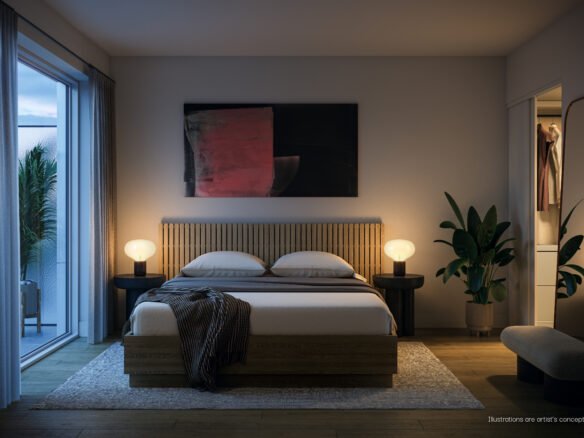A modern bedroom at night in new condos featuring a large bed with white bedding and tan headboard, flanked by two round bedside tables with lamps. An abstract painting hangs above the bed, and a