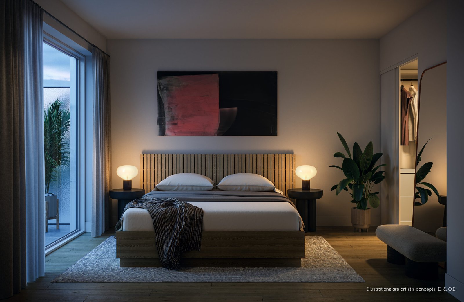 A modern bedroom at night in new condos featuring a large bed with white bedding and tan headboard, flanked by two round bedside tables with lamps. An abstract painting hangs above the bed, and a
