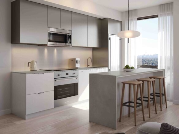 Modern kitchen in new condos with clean lines, featuring a white and gray color scheme, built-in appliances, an island with stools, and a large window with a city view.