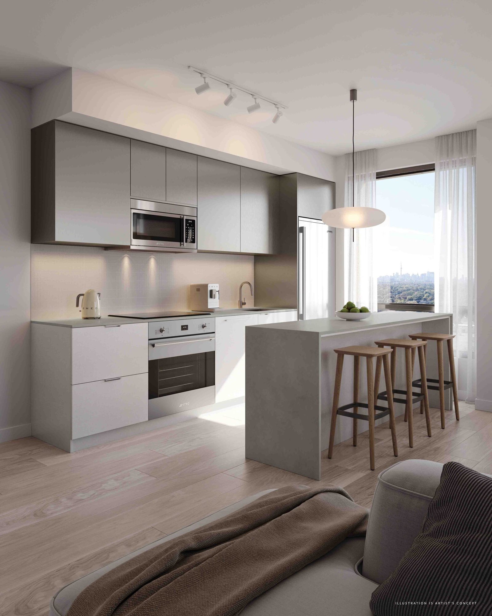 Modern kitchen in new condos with clean lines, featuring a white and gray color scheme, built-in appliances, an island with stools, and a large window with a city view.