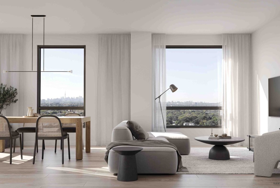 A modern, spacious living room in New condos with large windows offering a cityscape view, featuring a neutral color palette, contemporary furniture, and a minimalist design.