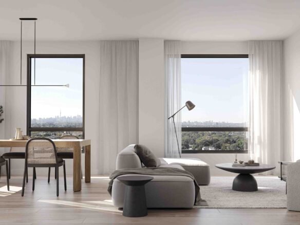A modern, spacious living room in New condos with large windows offering a cityscape view, featuring a neutral color palette, contemporary furniture, and a minimalist design.
