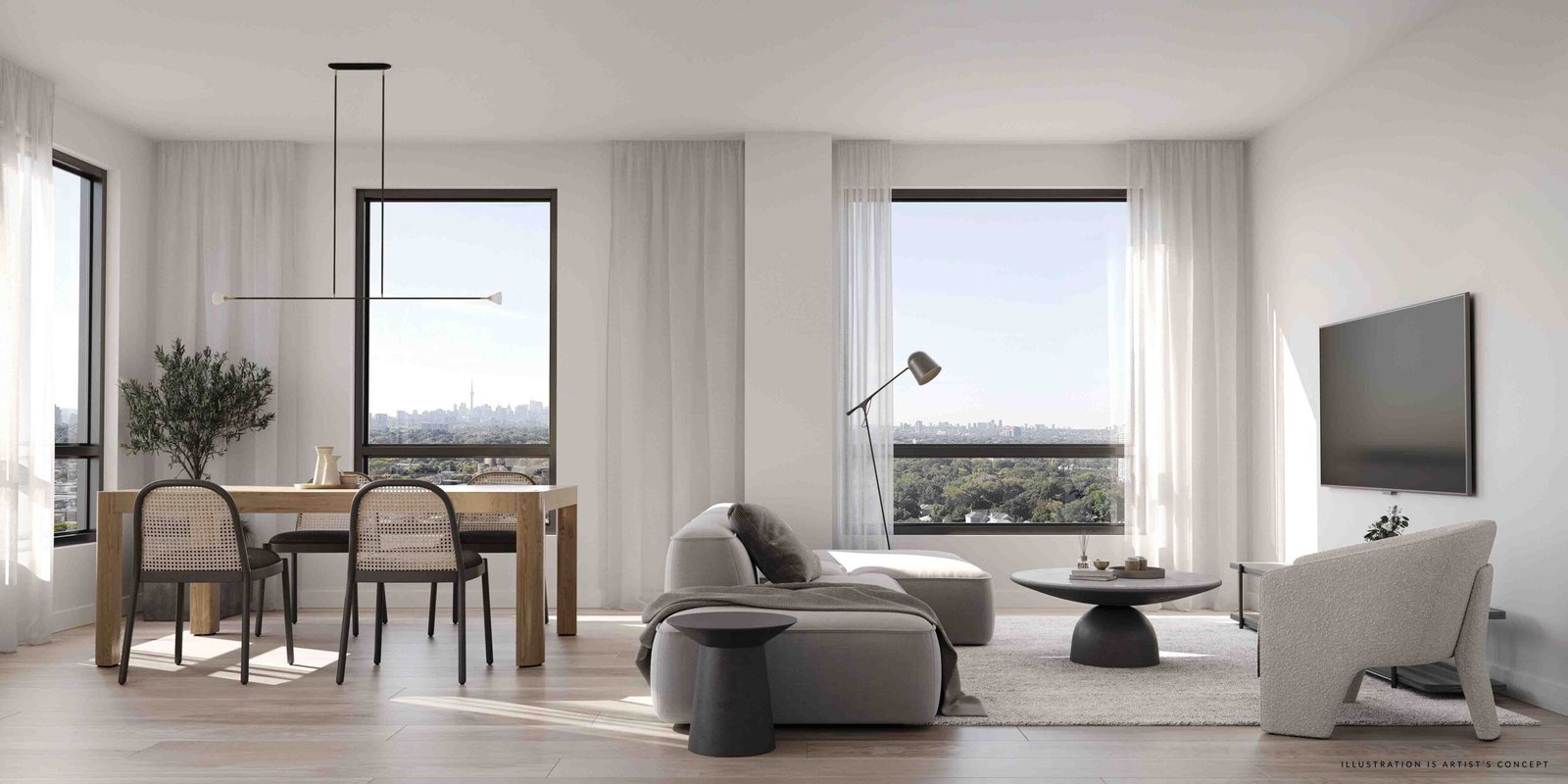 A modern, spacious living room in New condos with large windows offering a cityscape view, featuring a neutral color palette, contemporary furniture, and a minimalist design.