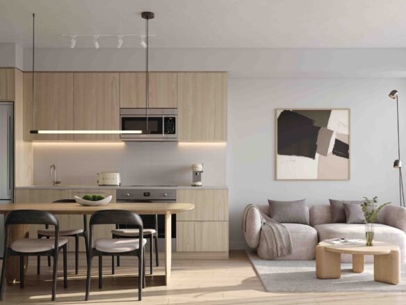 A modern apartment interior featuring a light wood kitchen with black stools, an adjoining living area with a gray sofa, coffee table, and a large window with balcony access showcases new condos.