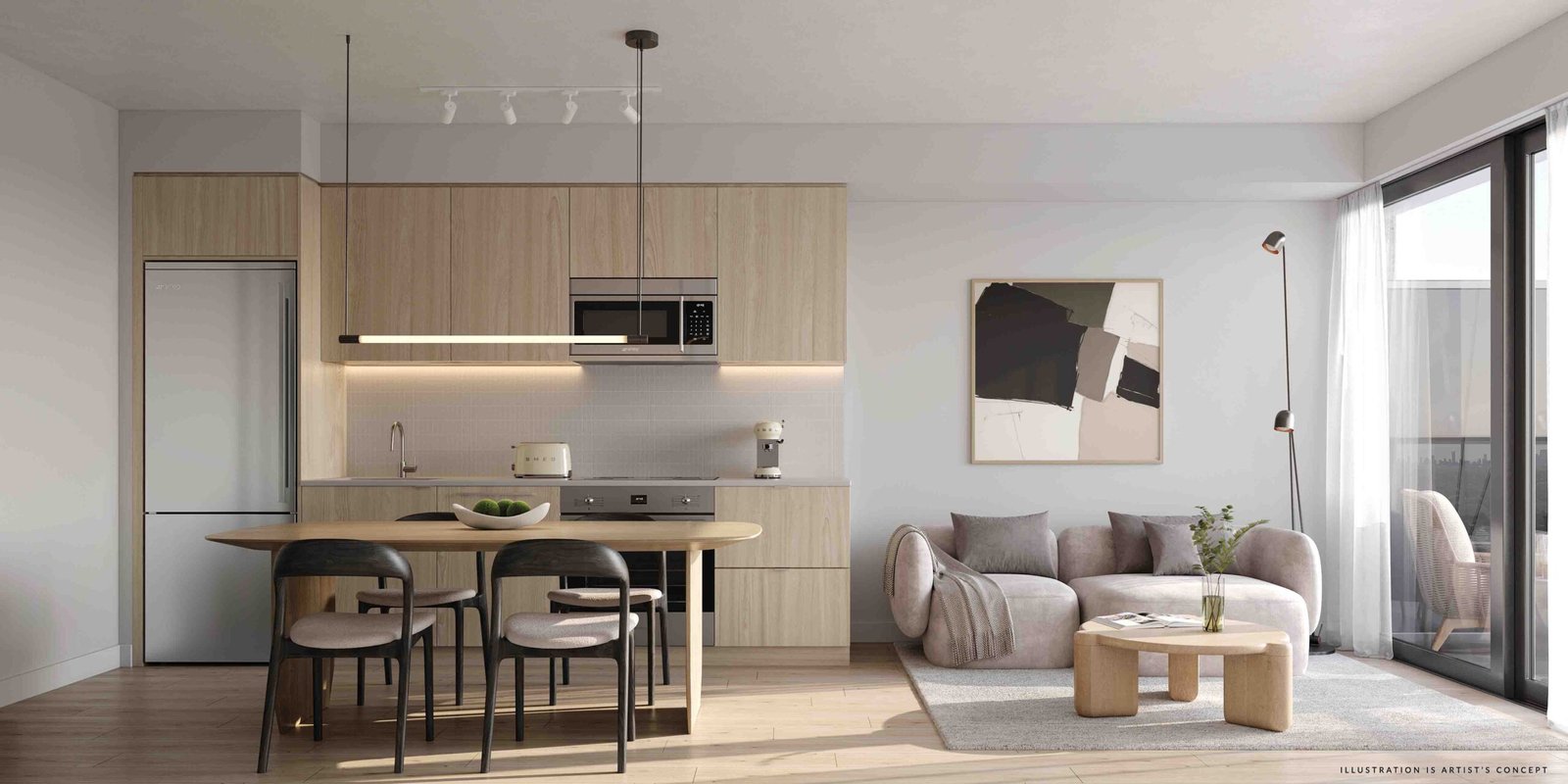 A modern apartment interior featuring a light wood kitchen with black stools, an adjoining living area with a gray sofa, coffee table, and a large window with balcony access showcases new condos.