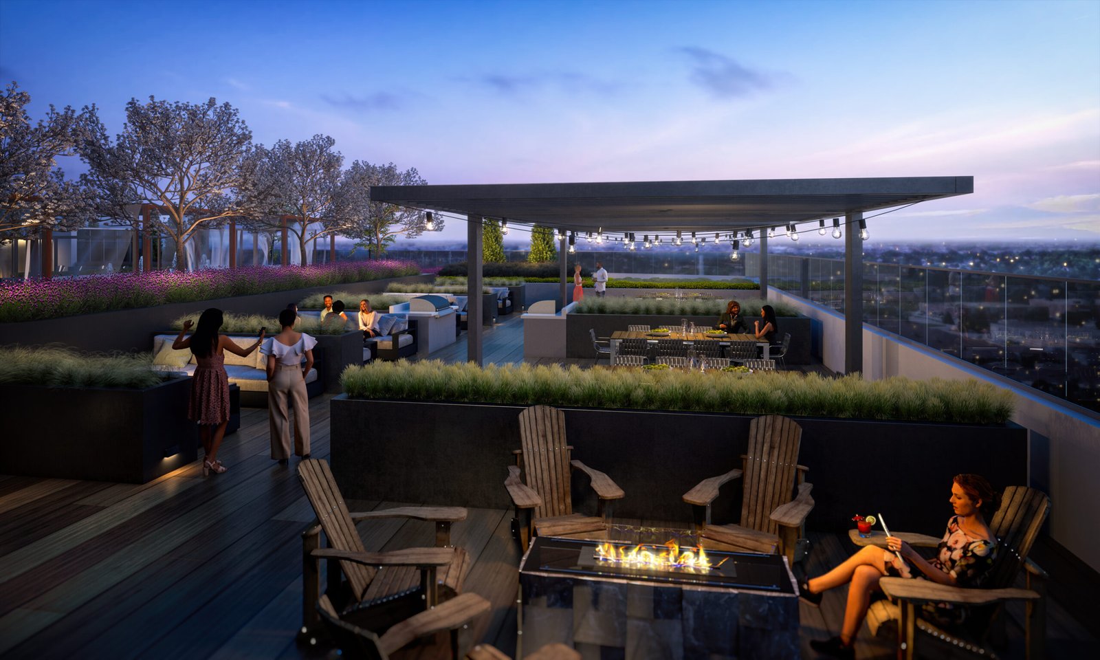 A rooftop terrace at dusk, featuring people socializing around a fire pit, sitting at tables, and enjoying the view of new condos in GTA. The space has modern furniture, plants, and string lights under a pergola, creating a cozy ambiance. Trees and a cityscape are visible in the background. A rooftop terrace at dusk, featuring people socializing around a fire pit, sitting at tables, and enjoying the view of new condos in GTA. The space has modern furniture, plants, and string lights under a pergola, creating a cozy ambiance. Trees and a cityscape are visible in the background.