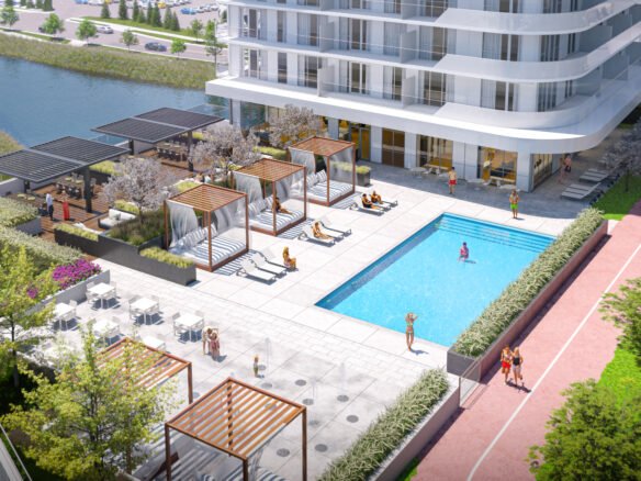 A modern, high-rise residential complex features an outdoor swimming pool, poolside cabanas, outdoor seating, and landscaped gardens. Residents relax by the pool and enjoy the amenities of these new homes in GTA, with a canal and parking lot visible in the background.