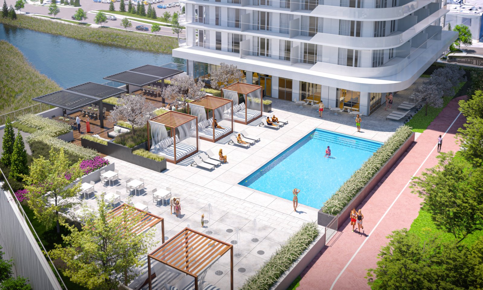 A modern, high-rise residential complex features an outdoor swimming pool, poolside cabanas, outdoor seating, and landscaped gardens. Residents relax by the pool and enjoy the amenities of these new homes in GTA, with a canal and parking lot visible in the background. A modern, high-rise residential complex features an outdoor swimming pool, poolside cabanas, outdoor seating, and landscaped gardens. Residents relax by the pool and enjoy the amenities of these new homes in GTA, with a canal and parking lot visible in the background.