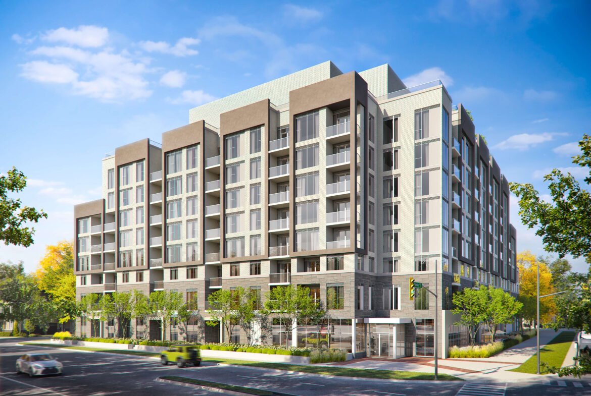 Discover modern multi-story apartments with a light-colored facade, balconies, and large windows. These stunning new condos in Brampton are nestled among trees at a street corner with crosswalks. Enjoy clear blue skies as part of the charming neighborhood landscape.