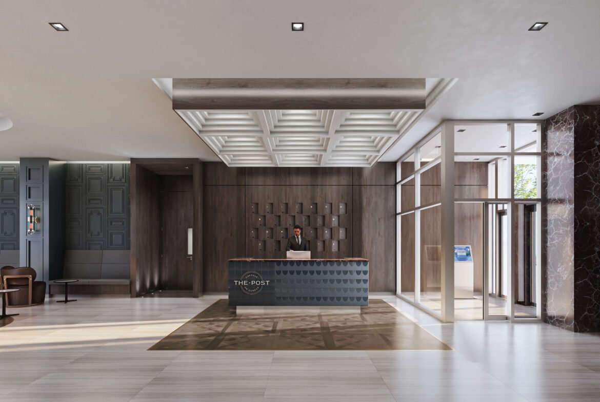Discover a modern hotel lobby featuring a reception desk where a friendly staff member awaits amid stylish design elements like wood paneling and geometric ceiling patterns. The large windows invite abundant natural light, creating an inviting ambiance reminiscent of new homes in Toronto.