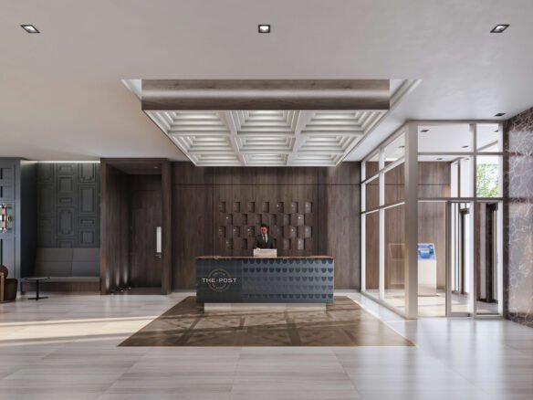 Discover a modern hotel lobby featuring a reception desk where a friendly staff member awaits amid stylish design elements like wood paneling and geometric ceiling patterns. The large windows invite abundant natural light, creating an inviting ambiance reminiscent of new homes in Toronto.