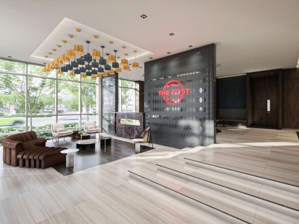 The modern lobby, with its sleek design, features a seating area with brown sofas, a coffee table, and unique pendant lights. A wall adorned with "THE POST" sign adds a contemporary touch. Large windows reveal the greenery outside, evoking the fresh allure of new homes.