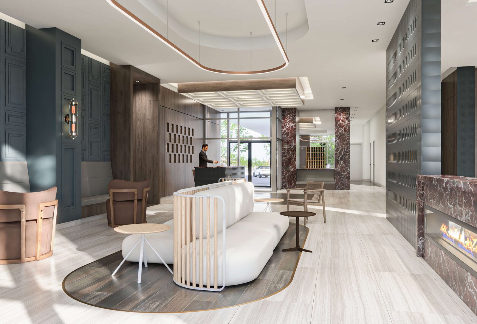 The modern hotel lobby boasts a sleek design with a white curved sofa and wooden chairs on a circular rug. To the right, a recessed fireplace adds warmth. The large window floods the space with light, complementing the reception desk in the background. Ideal inspiration for new condos in Brampton decor enthusiasts.
