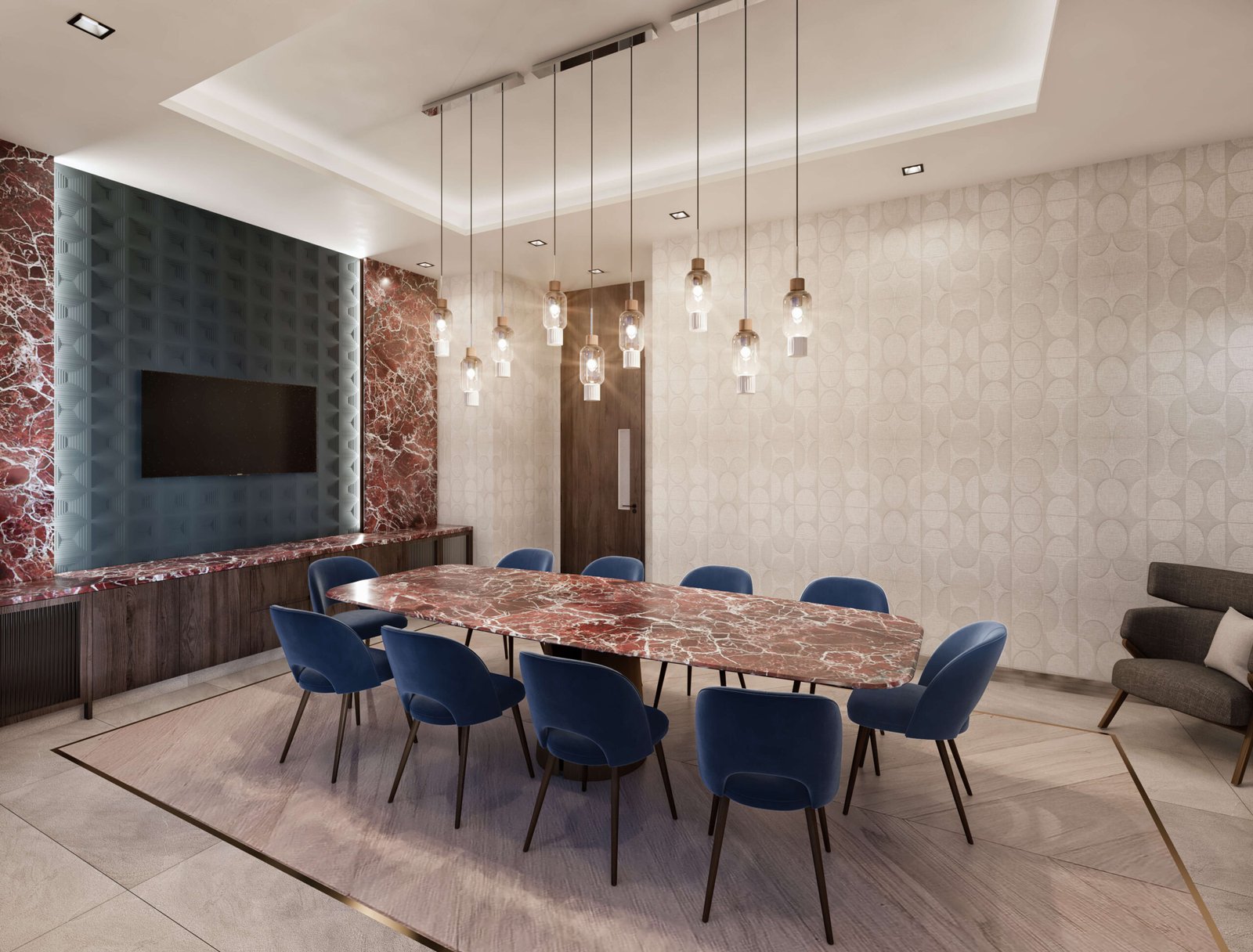 A modern conference room features a large marble table surrounded by blue chairs, with a row of pendant lights above. The walls showcase geometric patterns and red marble, while a flat-screen TV is mounted on one wall—an inspiring space for discussing new homes in Toronto.