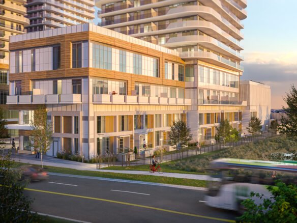 A modern mixed-use building with large glass windows and wooden accents, surrounded by greenery. A cyclist is riding along a path, and a blurred bus is seen on the road in front. Several people are seen inside and outside the building, which features new condos in GTA with additional tall buildings in the background.