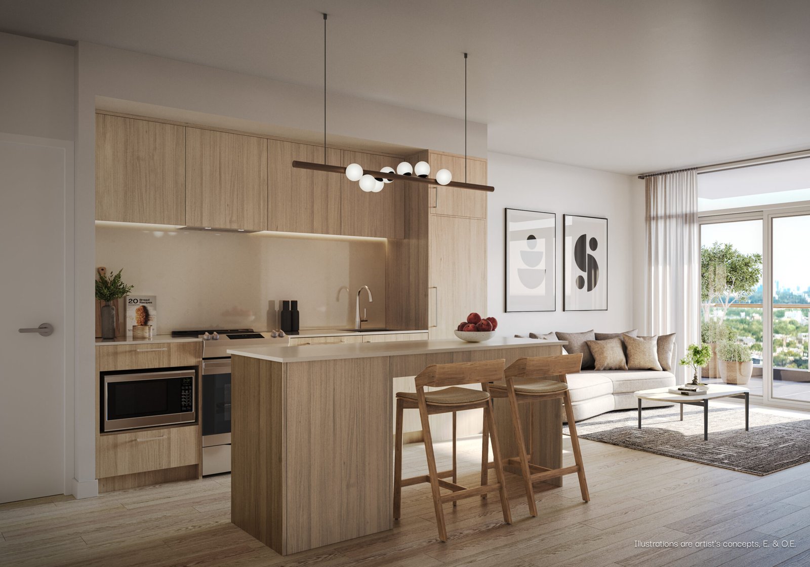 Modern open-plan kitchen and living area in New condos, featuring wooden cabinetry, an island with stools, integrated appliances, and a cozy sitting area with a sofa and wall art.