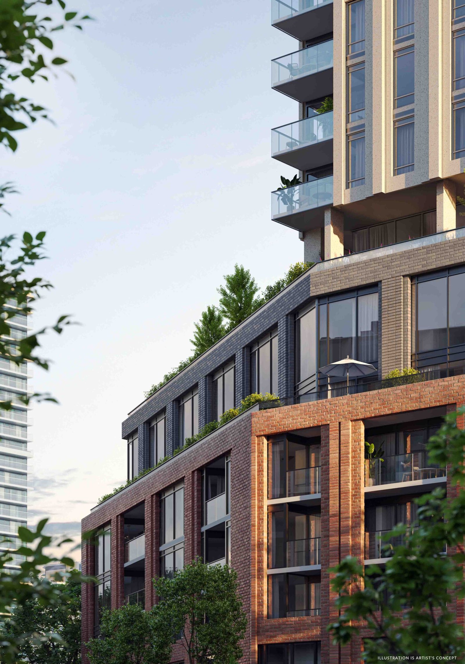 New condos in a modern residential building with brick, glass, and metal finishes featuring balconies with greenery, set against a backdrop of lush trees.