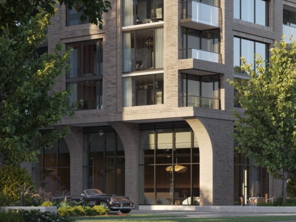 Modern multi-story building with large windows and balconies, situated in the lush District of Arcadia. The lower level features tall glass facades with arches. A car is parked in front, surrounded by trees and greenery. Text at the bottom claims the illustration is an artist's concept of Arcadia Condos.