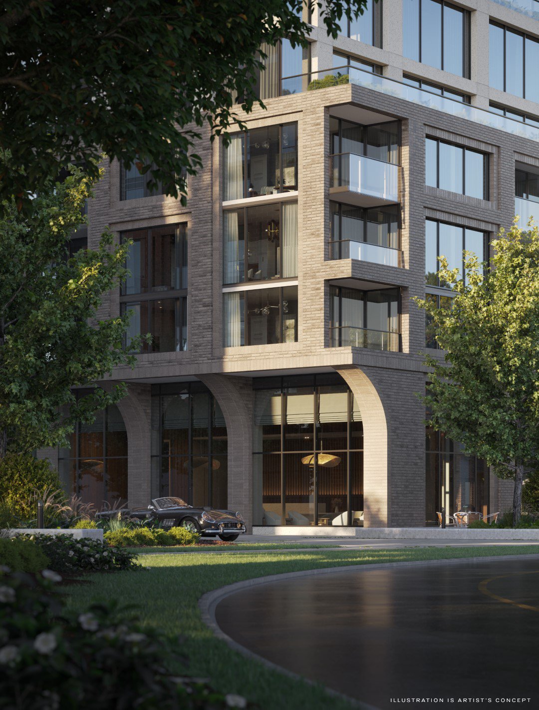 Modern multi-story building with large windows and balconies, situated in the lush District of Arcadia. The lower level features tall glass facades with arches. A car is parked in front, surrounded by trees and greenery. Text at the bottom claims the illustration is an artist's concept of Arcadia Condos.