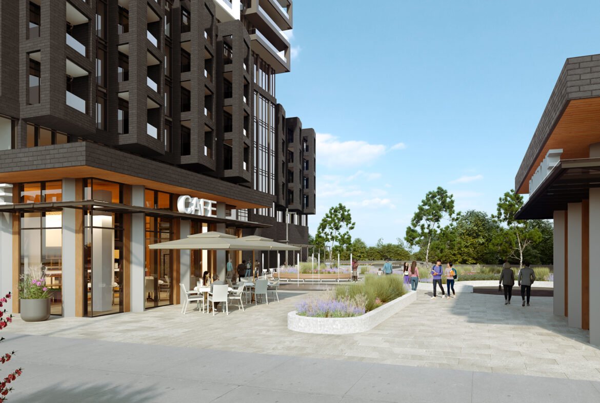 A modern urban plaza with people chatting and walking, featuring a cafe with outdoor seating, contemporary buildings, Sg Homes, and landscaped areas.