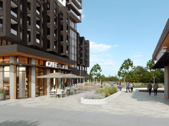 A modern urban plaza with people chatting and walking, featuring a cafe with outdoor seating, contemporary buildings, Sg Homes, and landscaped areas.